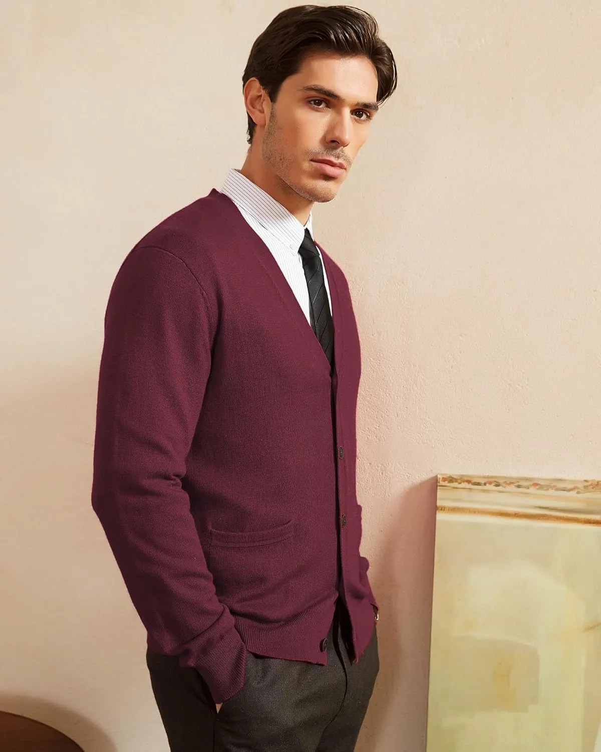 Kallspin Men's Cardigan Sweaters Wool Blend V Neck Button Down Sweaters with Pockets