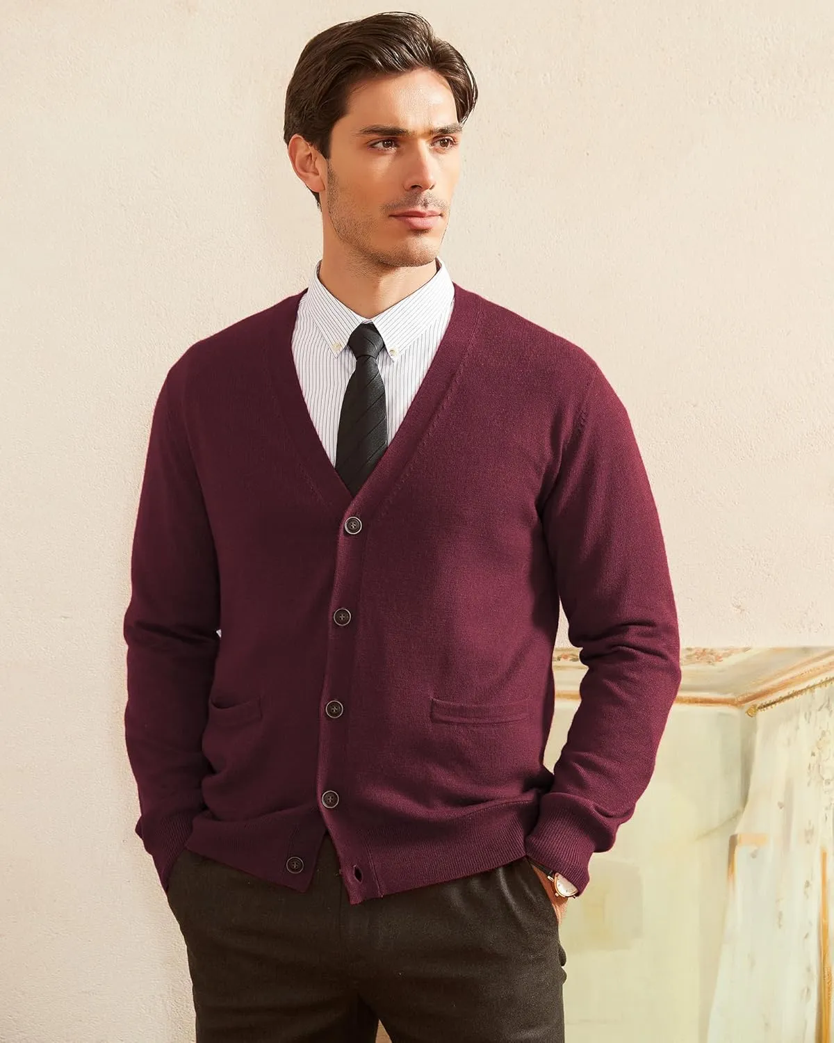 Kallspin Men's Cardigan Sweaters Wool Blend V Neck Button Down Sweaters with Pockets