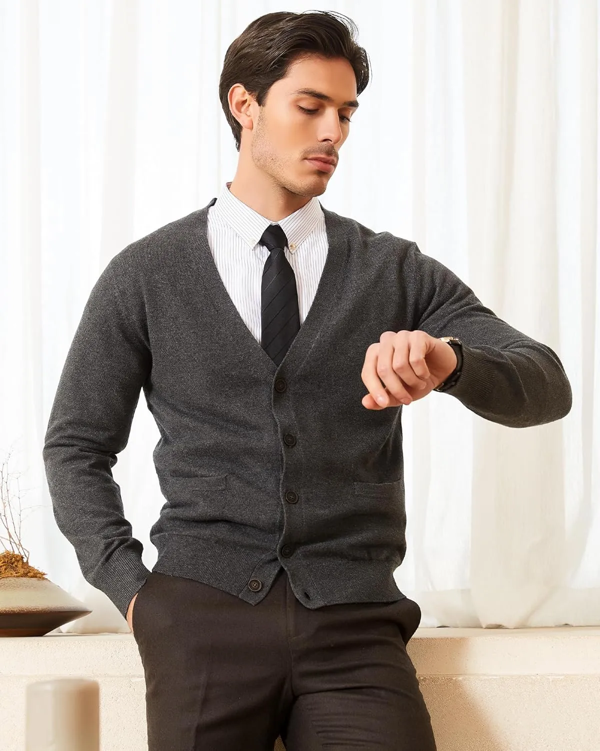 Kallspin Men's Cardigan Sweaters Wool Blend V Neck Button Down Sweaters with Pockets