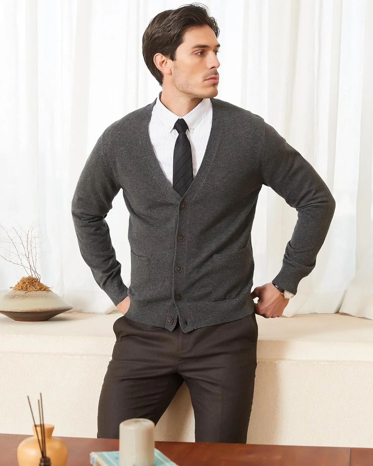 Kallspin Men's Cardigan Sweaters Wool Blend V Neck Button Down Sweaters with Pockets