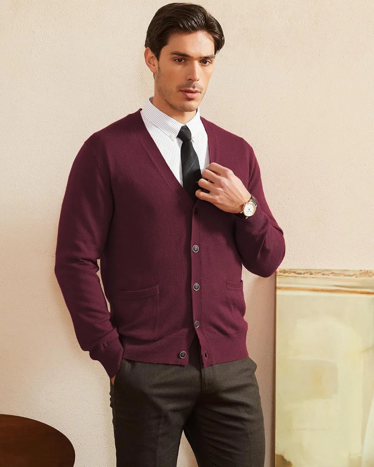 Kallspin Men's Cardigan Sweaters Wool Blend V Neck Button Down Sweaters with Pockets