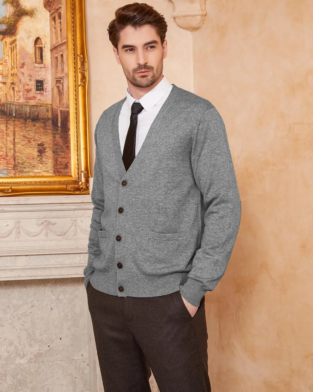 Kallspin Men's Cardigan Sweaters Wool Blend V Neck Button Down Sweaters with Pockets
