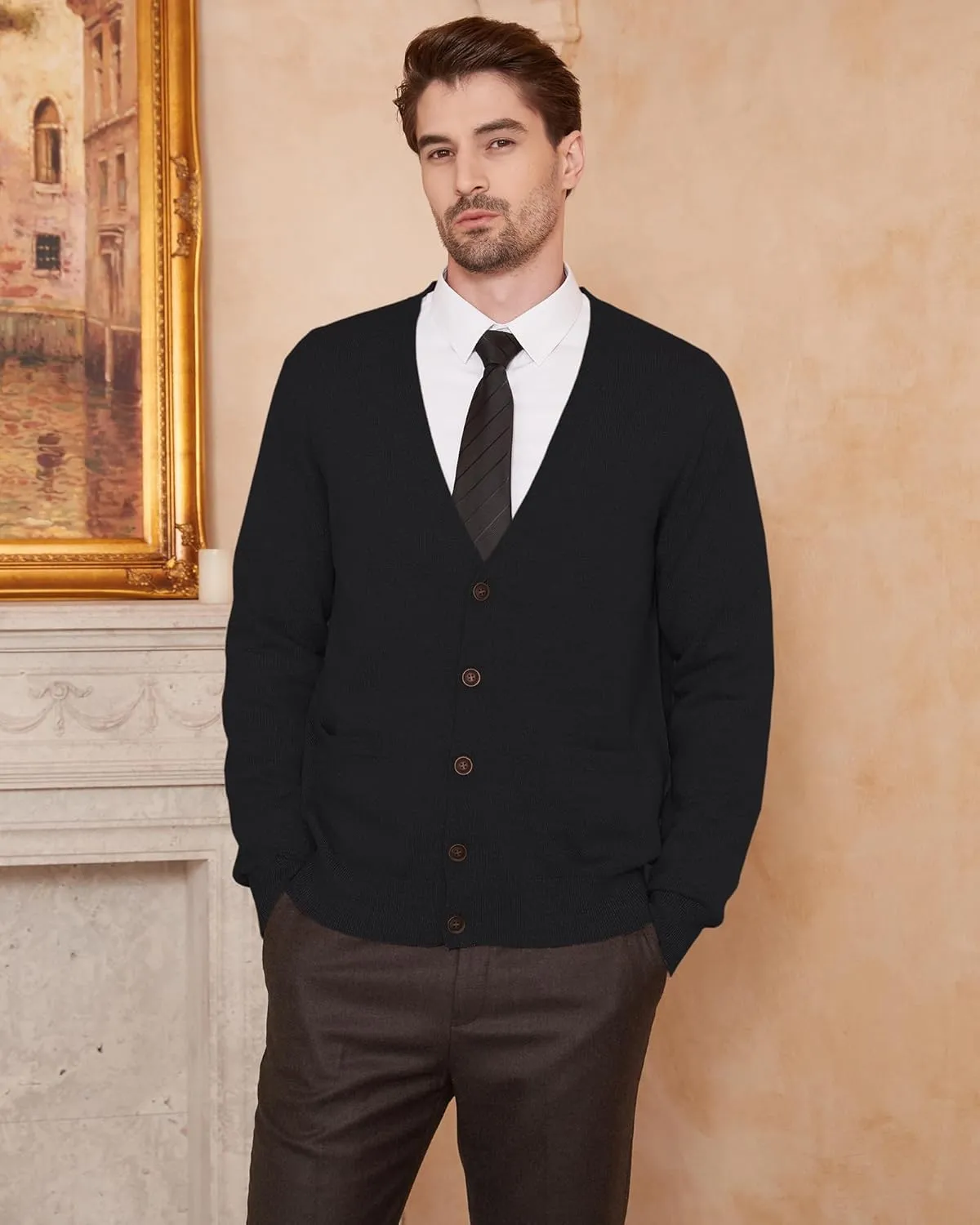 Kallspin Men's Cardigan Sweaters Wool Blend V Neck Button Down Sweaters with Pockets