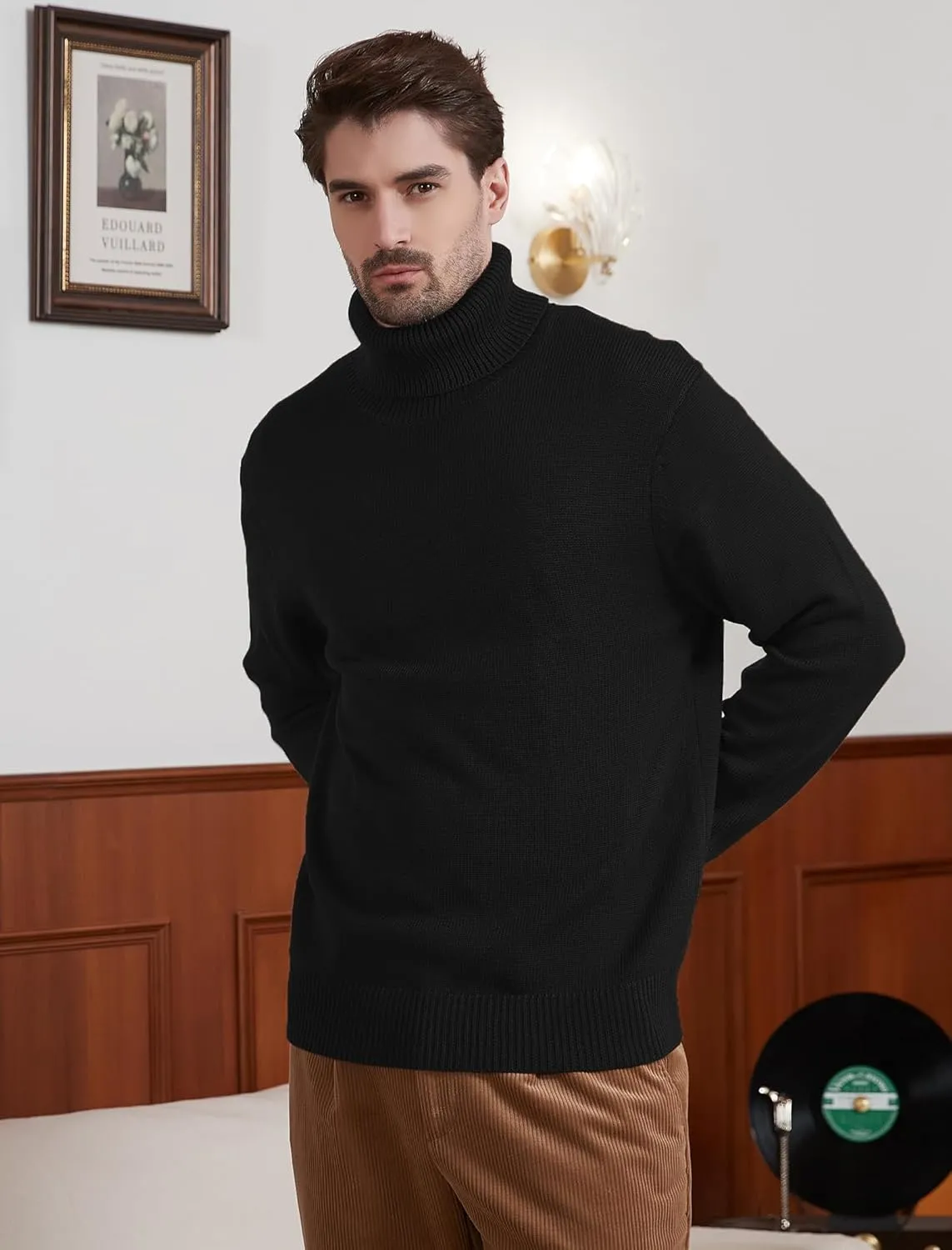 Kallspin Men's Turtleneck Sweaters Wool Blend Mid-Weight Highneck Pullover Sweaters