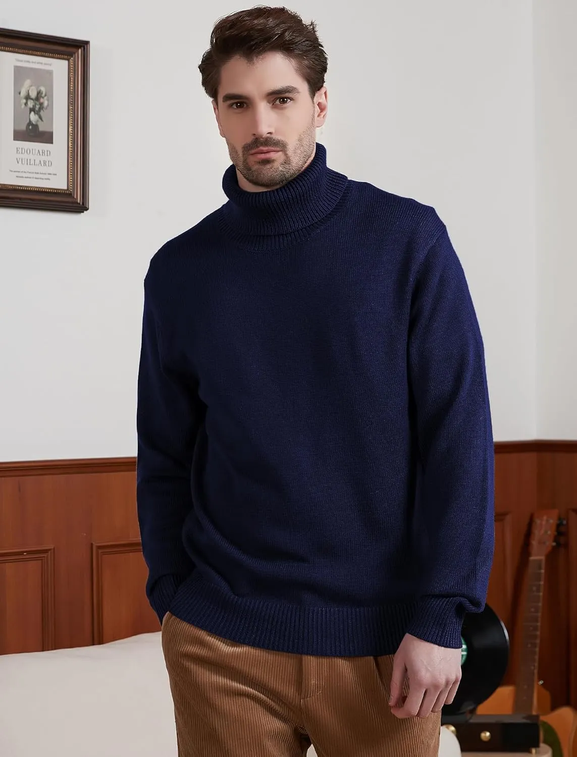Kallspin Men's Turtleneck Sweaters Wool Blend Mid-Weight Highneck Pullover Sweaters