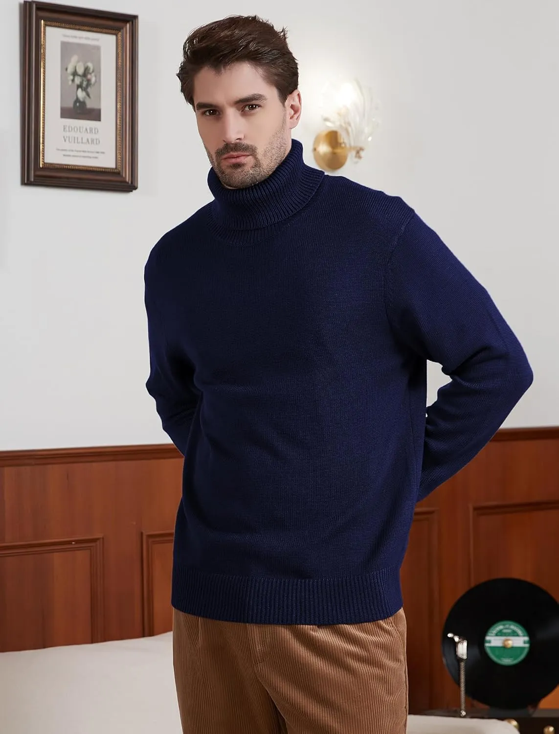 Kallspin Men's Turtleneck Sweaters Wool Blend Mid-Weight Highneck Pullover Sweaters
