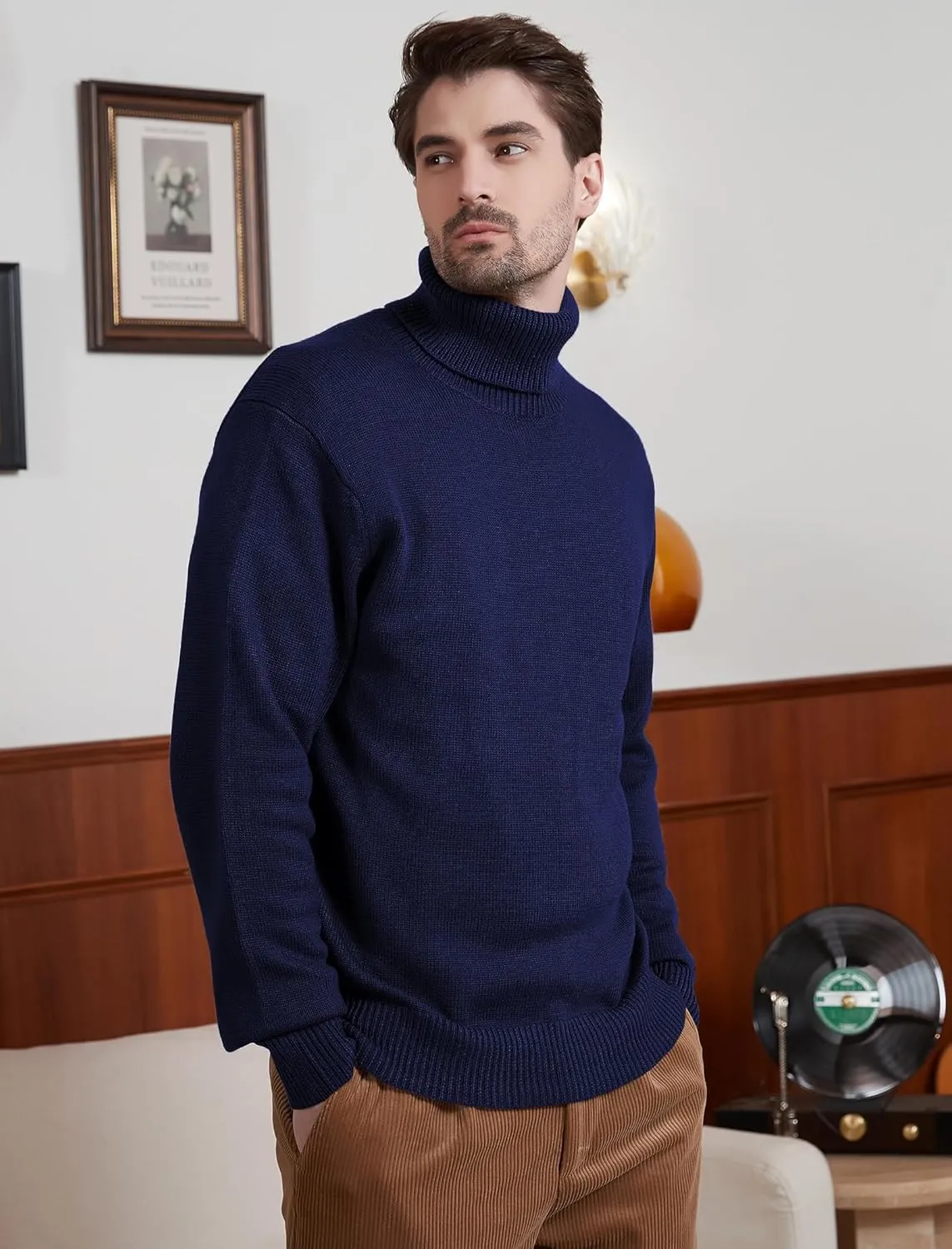 Kallspin Men's Turtleneck Sweaters Wool Blend Mid-Weight Highneck Pullover Sweaters
