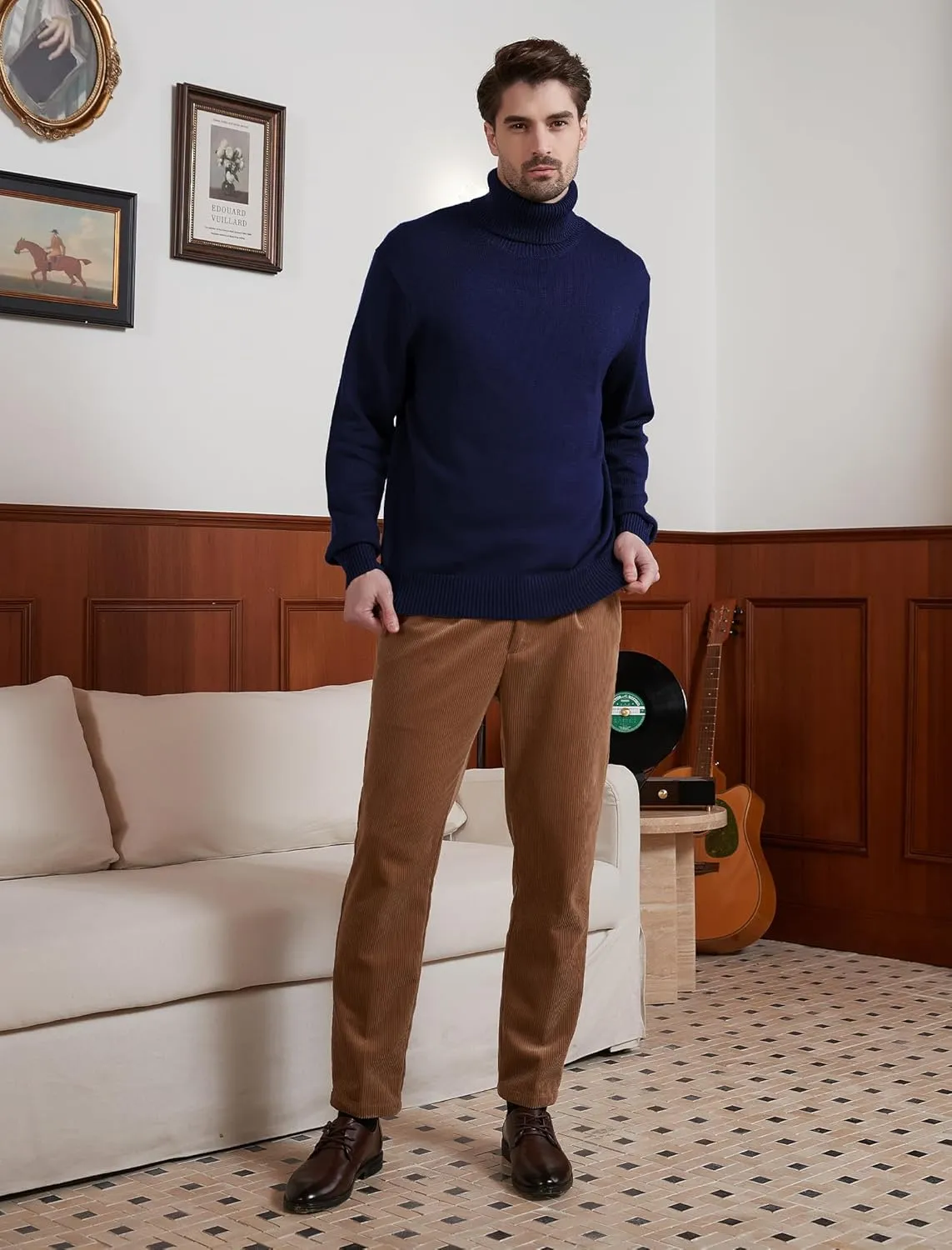 Kallspin Men's Turtleneck Sweaters Wool Blend Mid-Weight Highneck Pullover Sweaters