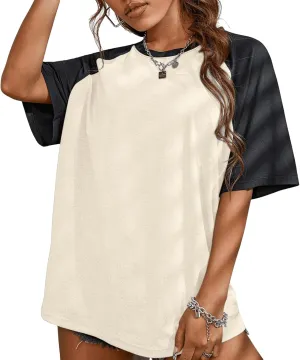 KIEKIECOO Oversized Short Sleeve Shirts for Women Loose Fit Basic Casual Crew Neck Tee Shirt Baggy Color Block Unisex Tops