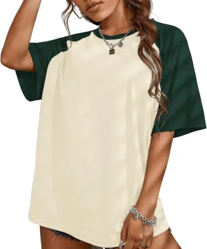 KIEKIECOO Oversized Short Sleeve Shirts for Women Loose Fit Basic Casual Crew Neck Tee Shirt Baggy Color Block Unisex Tops