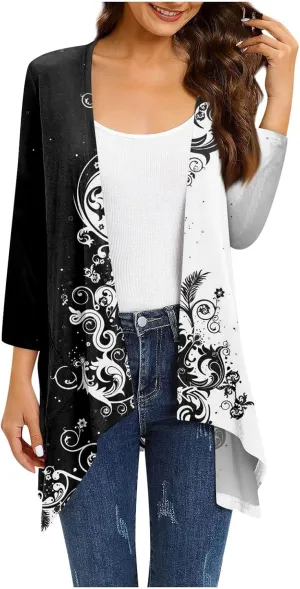 Kimono Cardigan 3/4 Sleeve Cardigan for Women,Plus Size Gradient Open Front Lightweight Summer Cardigan with Pocket