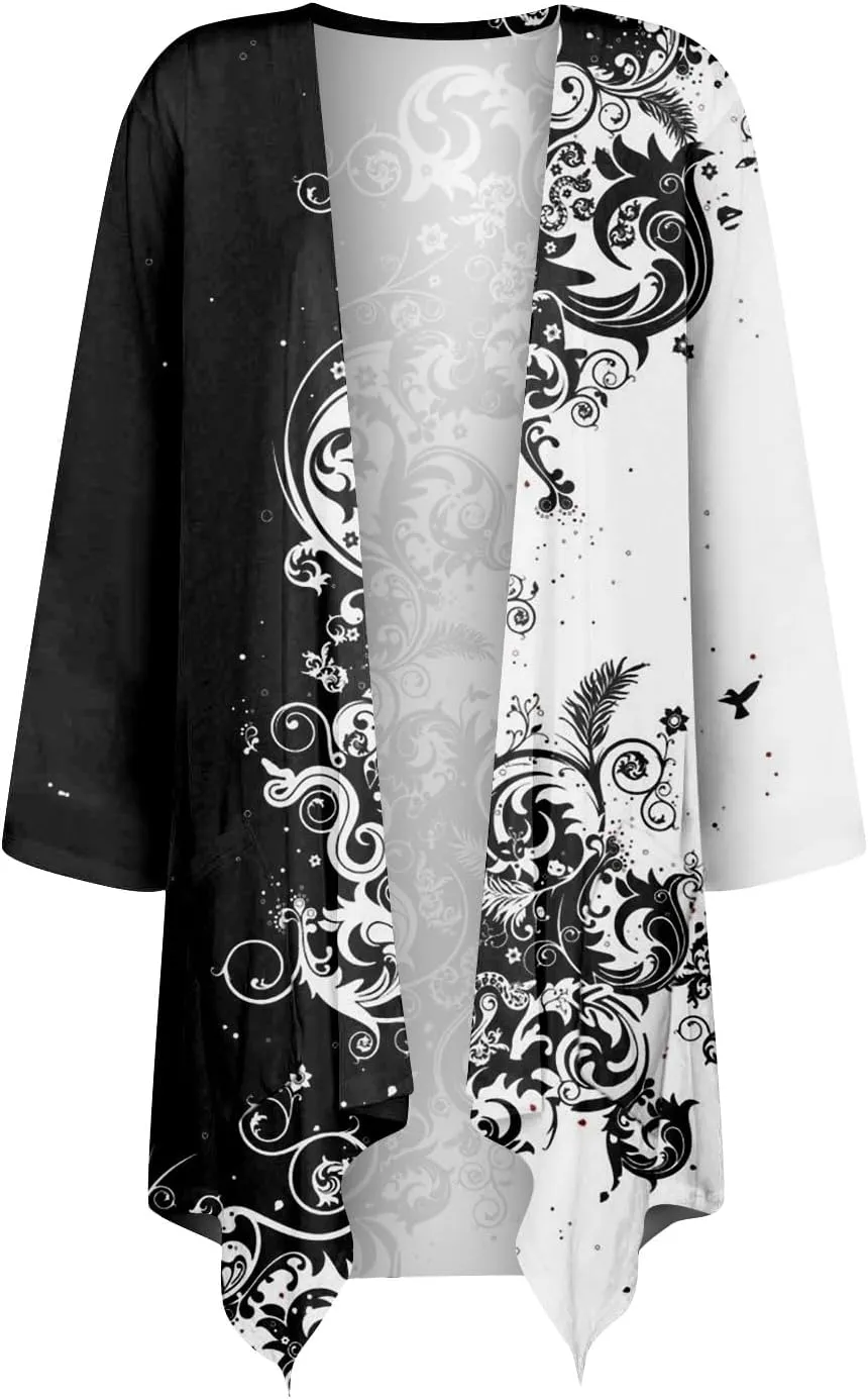Kimono Cardigan 3/4 Sleeve Cardigan for Women,Plus Size Gradient Open Front Lightweight Summer Cardigan with Pocket