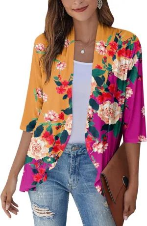 Kimono Cardigan Summer Cardigans for Women 2023 Trendy Ethnic Style Open Front 3/4 Sleeve Cardigan Open Front Tops