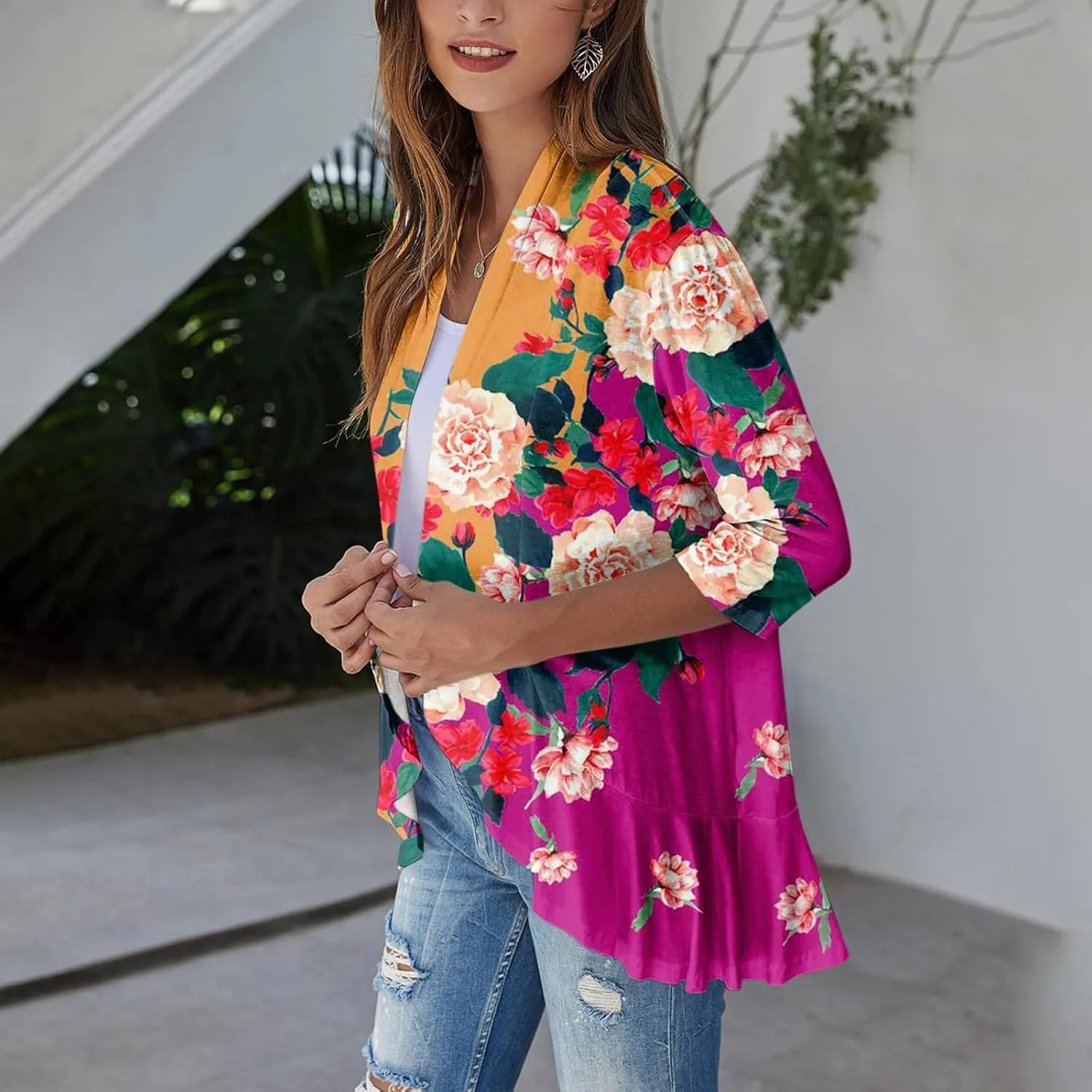 Kimono Cardigan Summer Cardigans for Women 2023 Trendy Ethnic Style Open Front 3/4 Sleeve Cardigan Open Front Tops