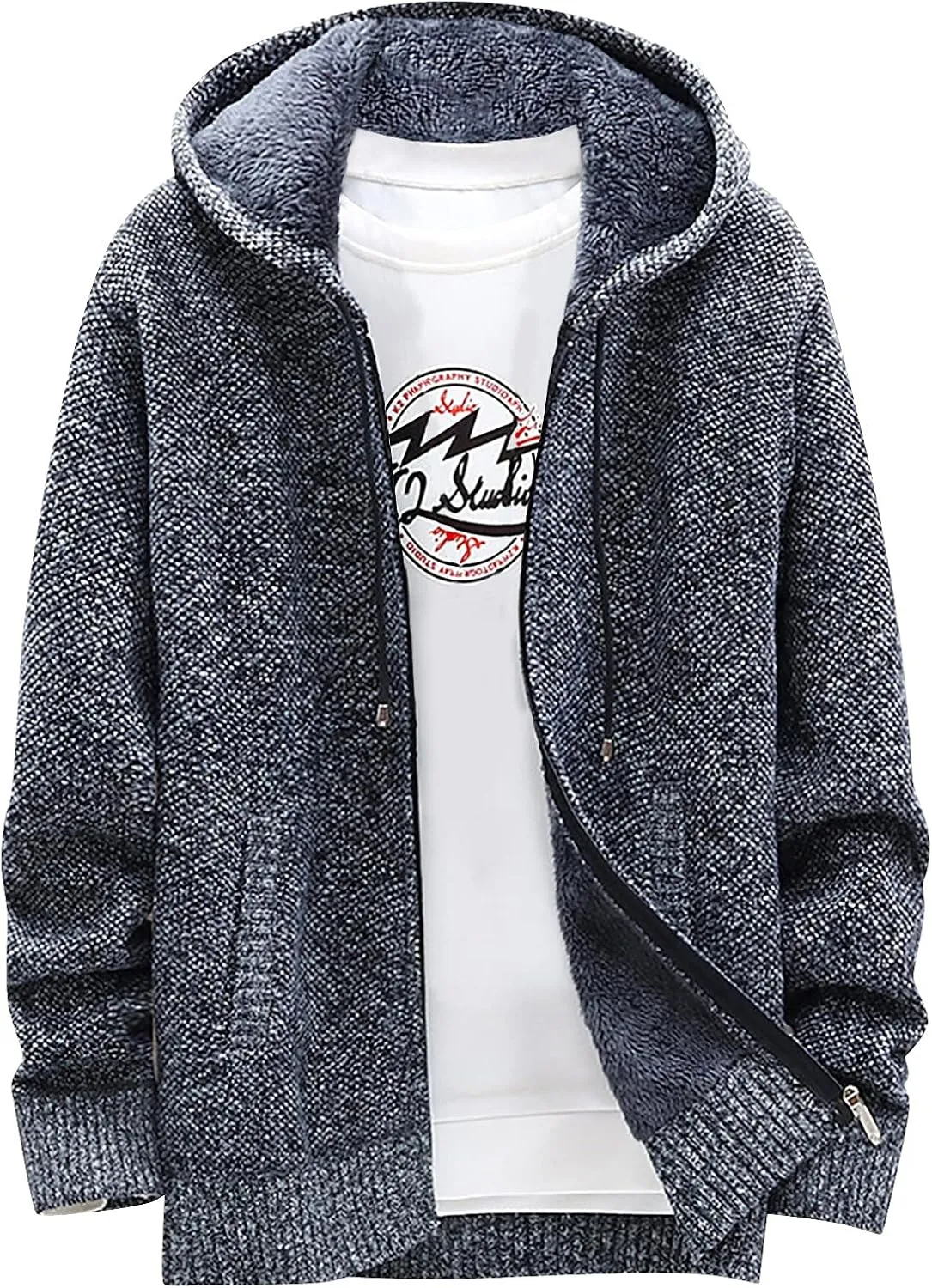 Knit Hoodies For Men Cardigan Sweaters Full Zip Hooded Sweatshirts Fleece Lined Sweater Jackets With Pockets