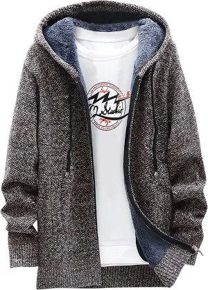 Knit Hoodies For Men Cardigan Sweaters Full Zip Hooded Sweatshirts Fleece Lined Sweater Jackets With Pockets