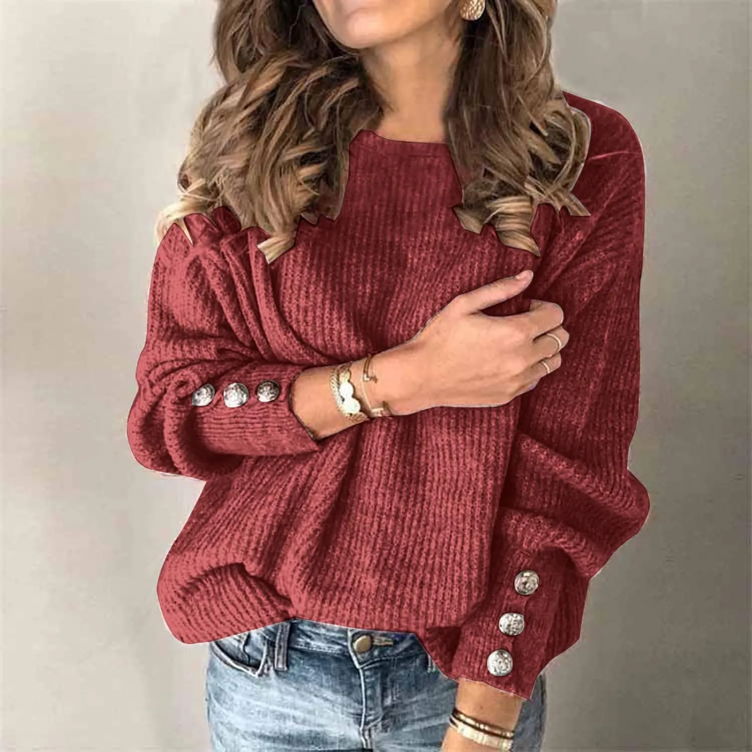 Knit Sweater for Women Solid Button Sleeve Fall Sweater Turtleneck Oversized Sweaters Comfy Warm Pullover Tops S-5XL