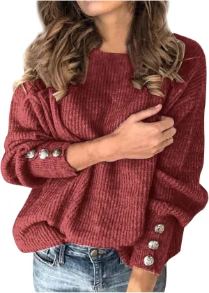 Knit Sweater for Women Solid Button Sleeve Fall Sweater Turtleneck Oversized Sweaters Comfy Warm Pullover Tops S-5XL