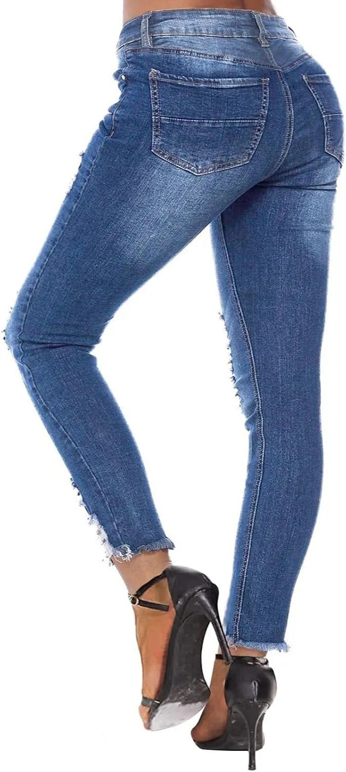 KUNMI Women's Ripped Skinny Jeans Distressed Stretchy Denim Pants