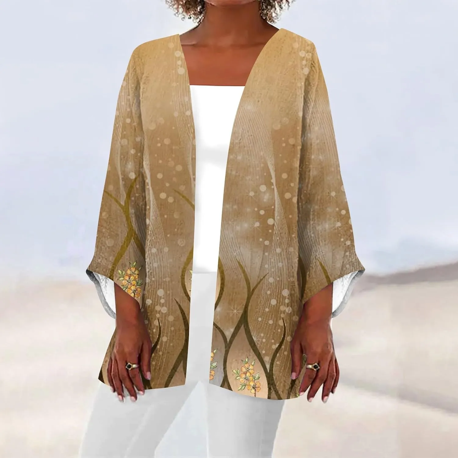 Lightweight Cardigan for Women Summer Printed Beach Cover Up Tops Open Front 3/4 Sleeve Kimono Cardigan Casual Blouse