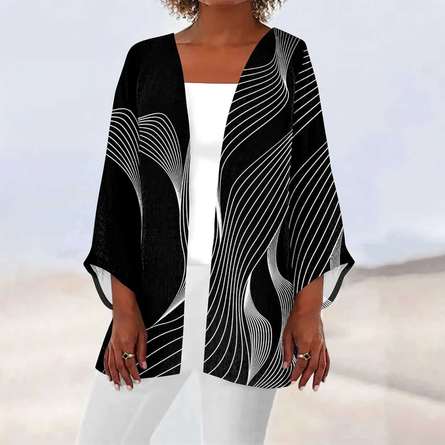 Lightweight Cardigan for Women Summer Printed Beach Cover Up Tops Open Front 3/4 Sleeve Kimono Cardigan Casual Blouse