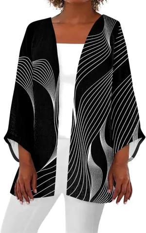 Lightweight Cardigan for Women Summer Printed Beach Cover Up Tops Open Front 3/4 Sleeve Kimono Cardigan Casual Blouse