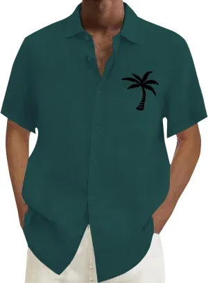 Linen Button Down Shirts Mens Summer Palm Print Short Sleeve Tropical Beach Tops Lightweight Quick Dry Hawaiian Shirt