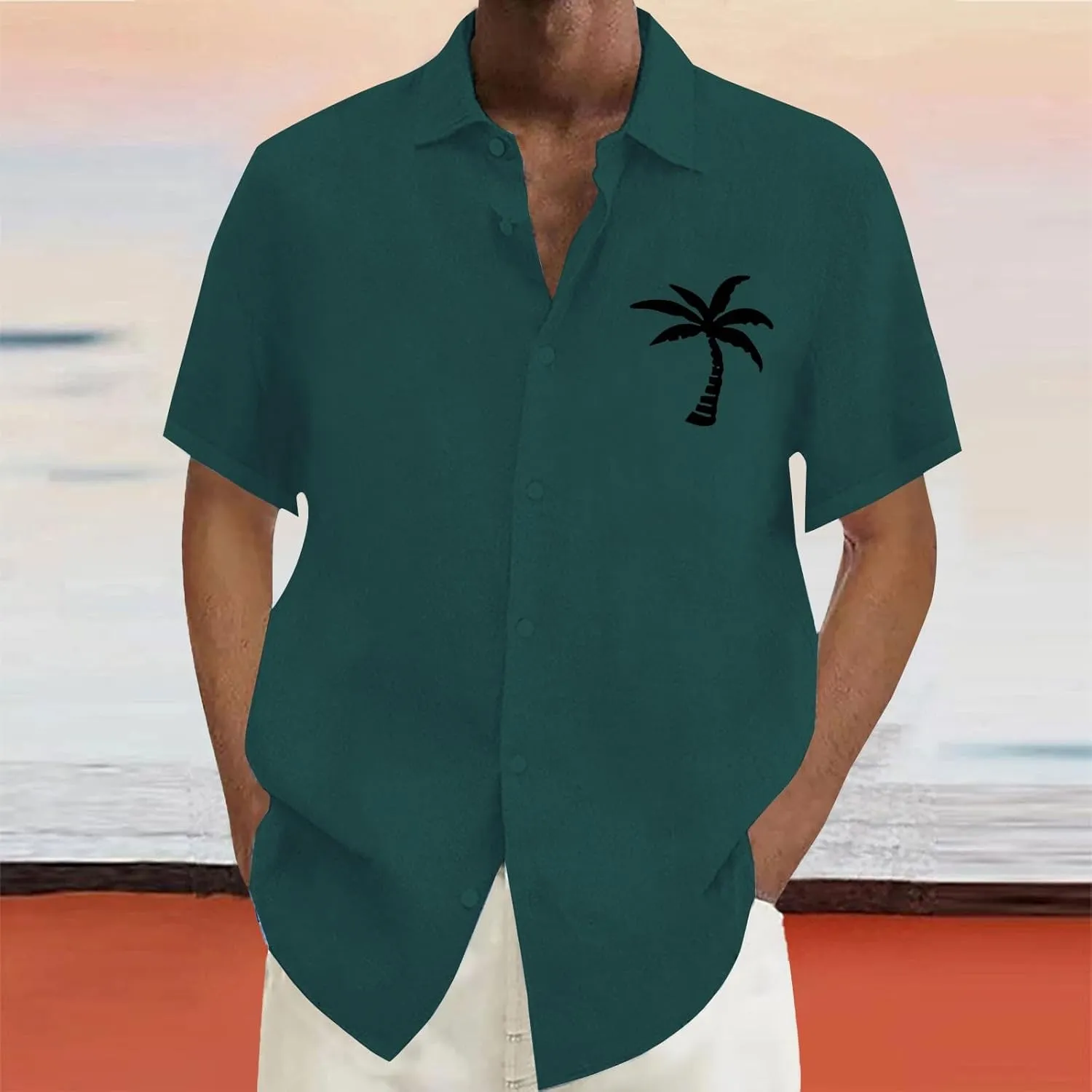 Linen Button Down Shirts Mens Summer Palm Print Short Sleeve Tropical Beach Tops Lightweight Quick Dry Hawaiian Shirt