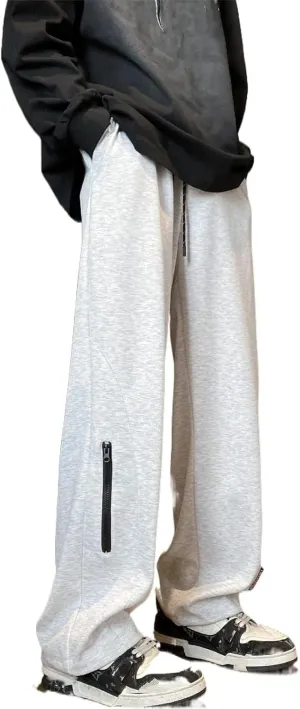 Linen Casual Pants Men's Relaxed Fit Elastic Waist Wide Leg Fiber Trousers