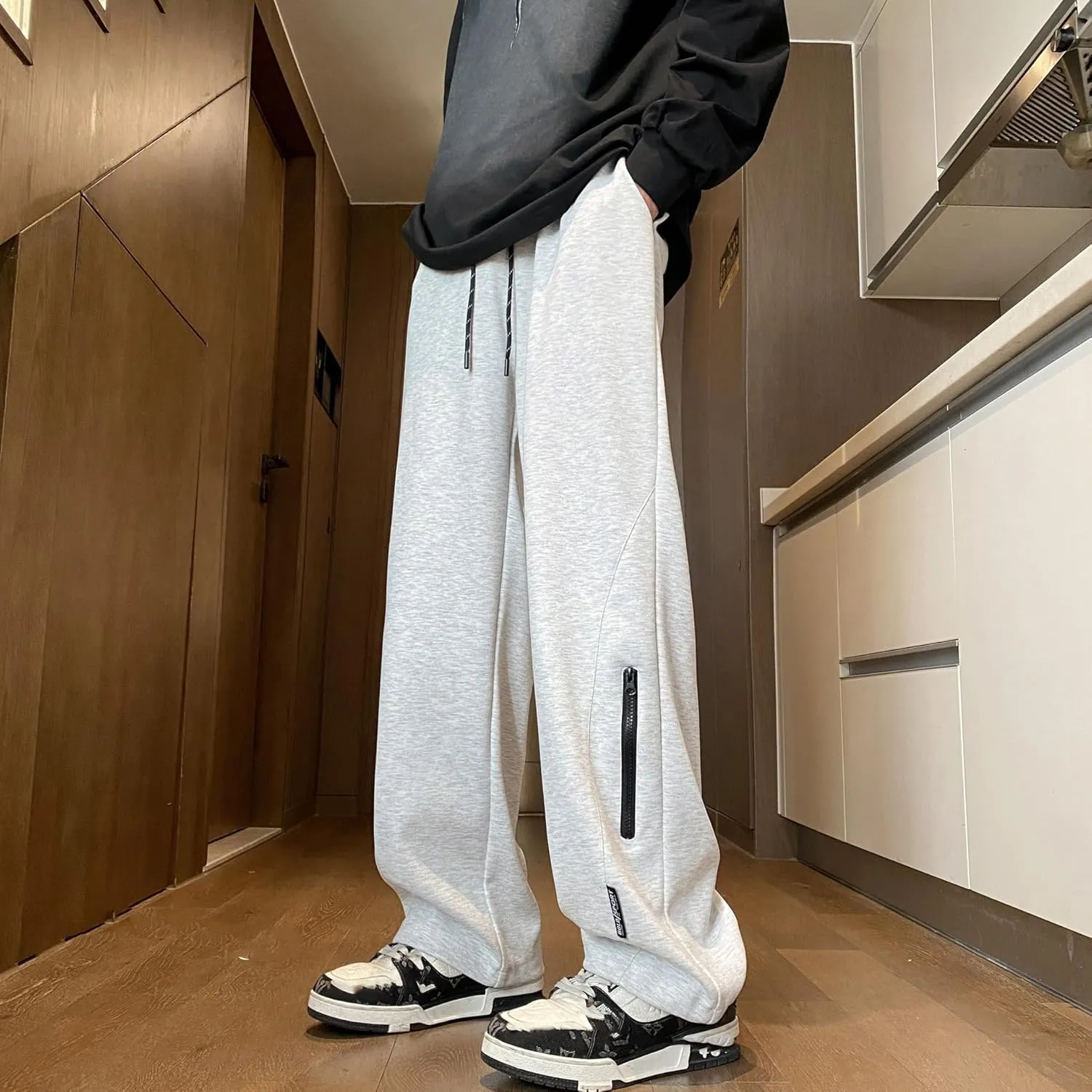 Linen Casual Pants Men's Relaxed Fit Elastic Waist Wide Leg Fiber Trousers