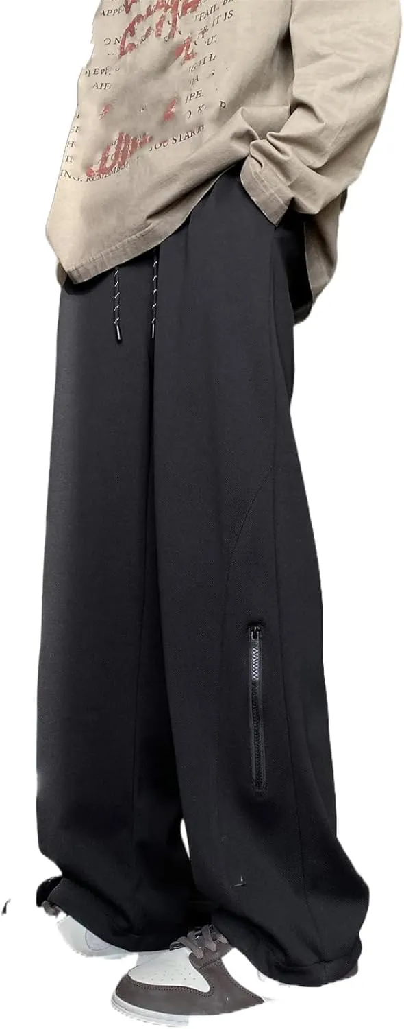 Linen Casual Pants Men's Relaxed Fit Elastic Waist Wide Leg Fiber Trousers
