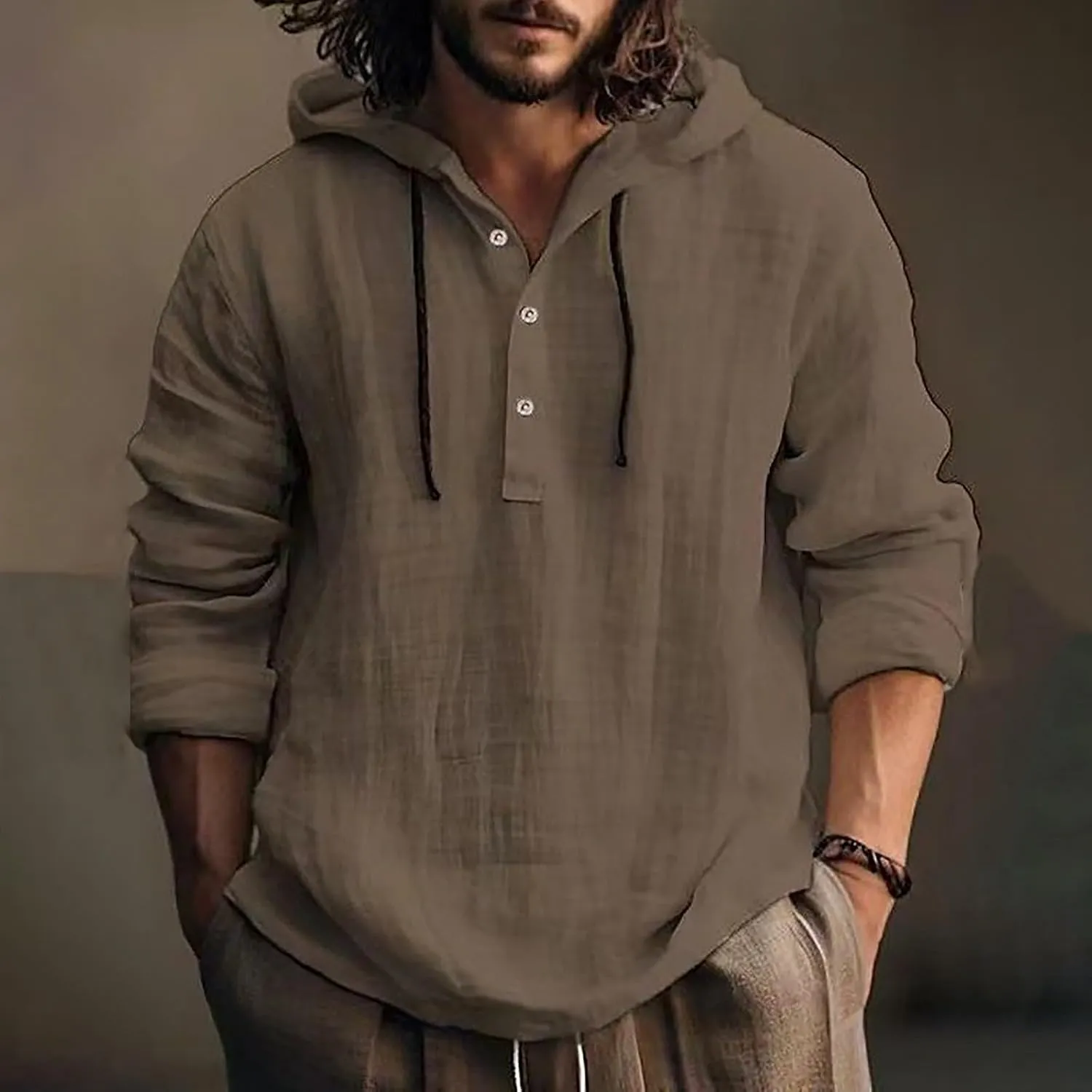 Linen Shirts for Men Lightweight Button Up Summer Cotton Linen Hoodie Long Sleeve Tee Breathable Boho Beach Yoga Shirt