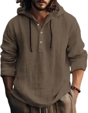 Linen Shirts for Men Lightweight Button Up Summer Cotton Linen Hoodie Long Sleeve Tee Breathable Boho Beach Yoga Shirt