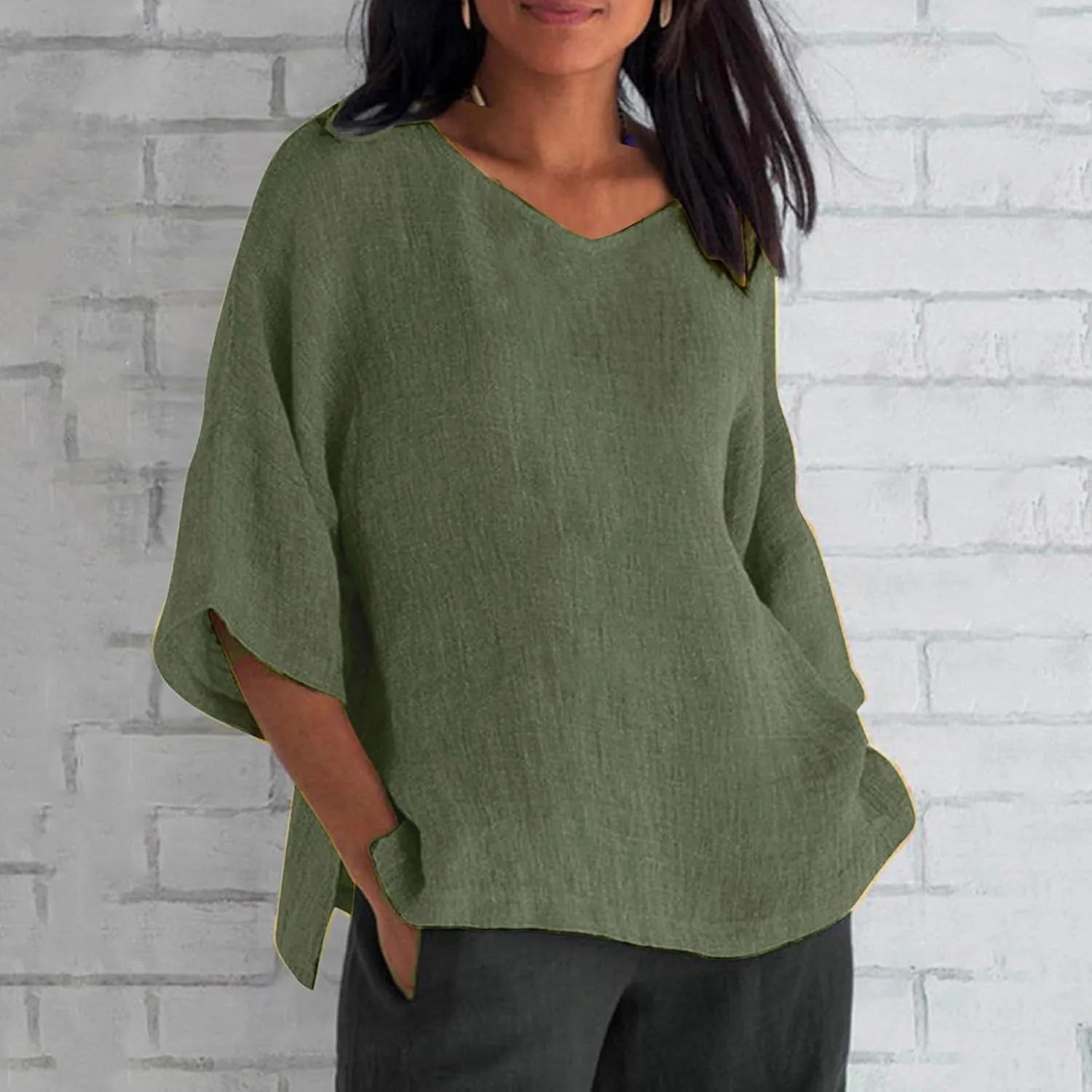 Linen Shirts for Women 3/4 Sleeve Plus Size Tops Lightweight Solid Basic V Neck T Shirts Summer Trendy Split Blouse