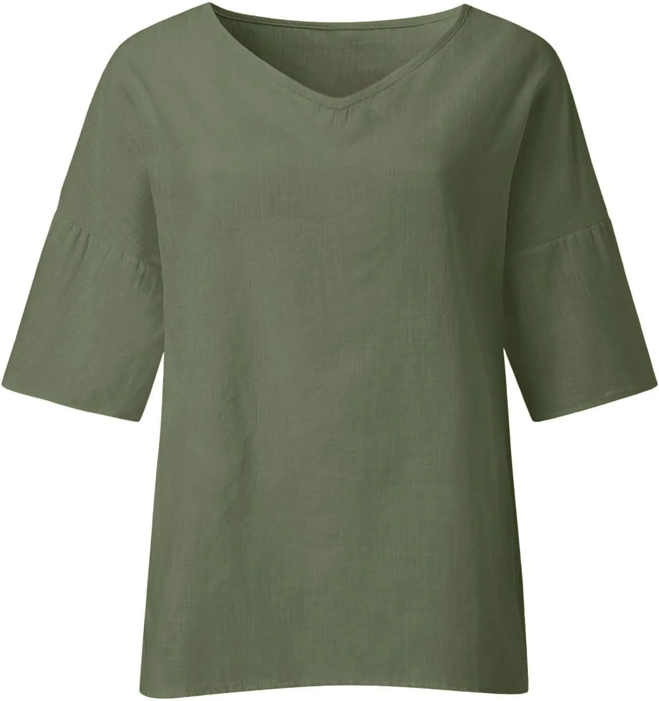 Linen Shirts for Women 3/4 Sleeve Plus Size Tops Lightweight Solid Basic V Neck T Shirts Summer Trendy Split Blouse