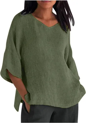 Linen Shirts for Women 3/4 Sleeve Plus Size Tops Lightweight Solid Basic V Neck T Shirts Summer Trendy Split Blouse
