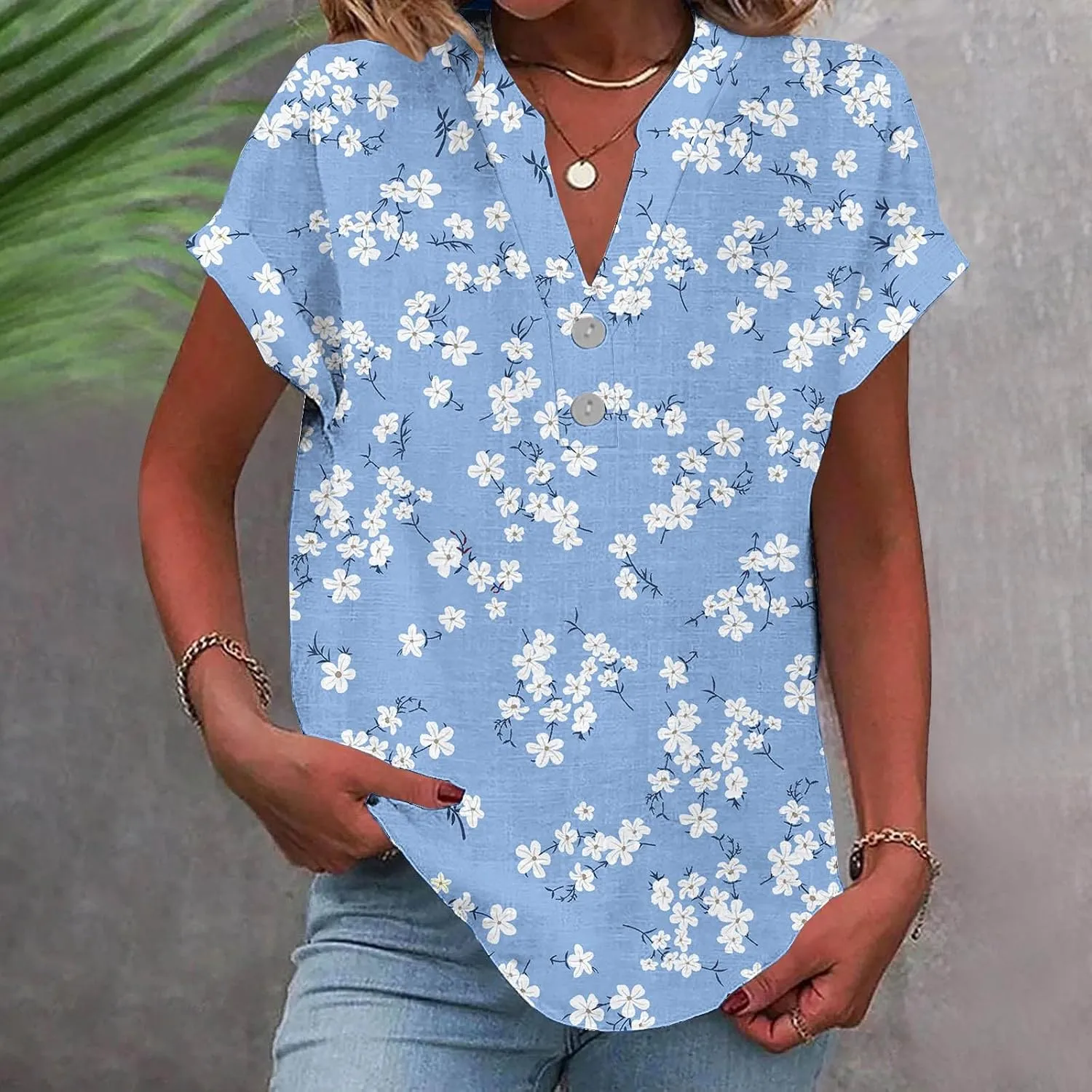 Linen Shirts for Women Loose Fit Vacation Short Sleeve Boho Tops Casual Button Up V Neck T Shirts Solid Summer Blouse