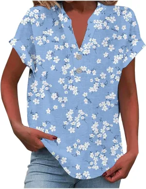 Linen Shirts for Women Loose Fit Vacation Short Sleeve Boho Tops Casual Button Up V Neck T Shirts Solid Summer Blouse