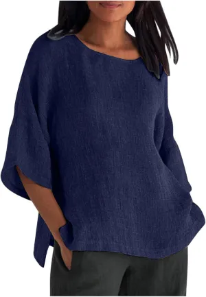 Linen Shirts for Women Solid Color Basic 3/4 Sleeve Tops Summer Casual Round Neck Pullover Blouse Ladies Tunic Tshirt