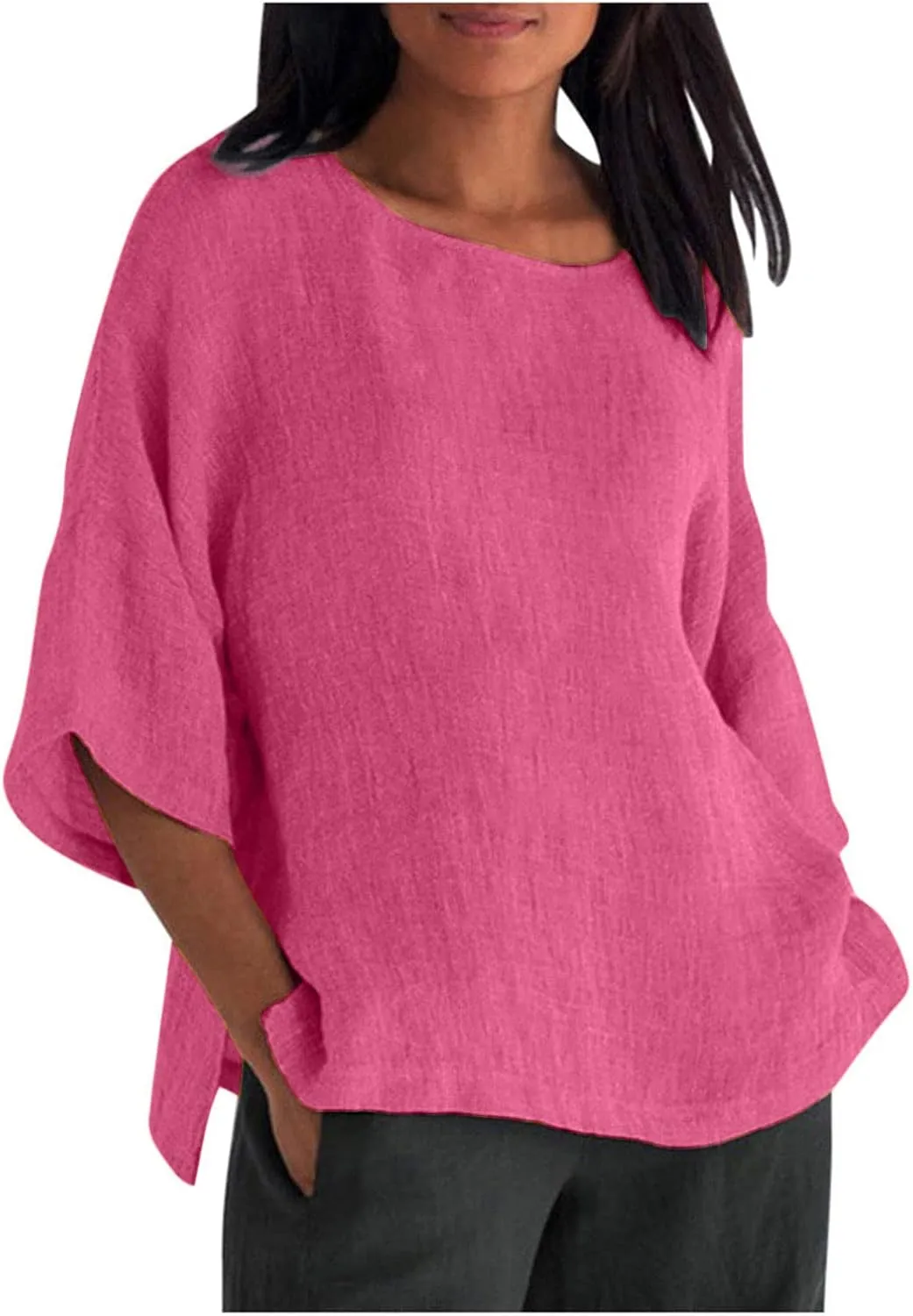 Linen Shirts for Women Solid Color Basic 3/4 Sleeve Tops Summer Casual Round Neck Pullover Blouse Ladies Tunic Tshirt