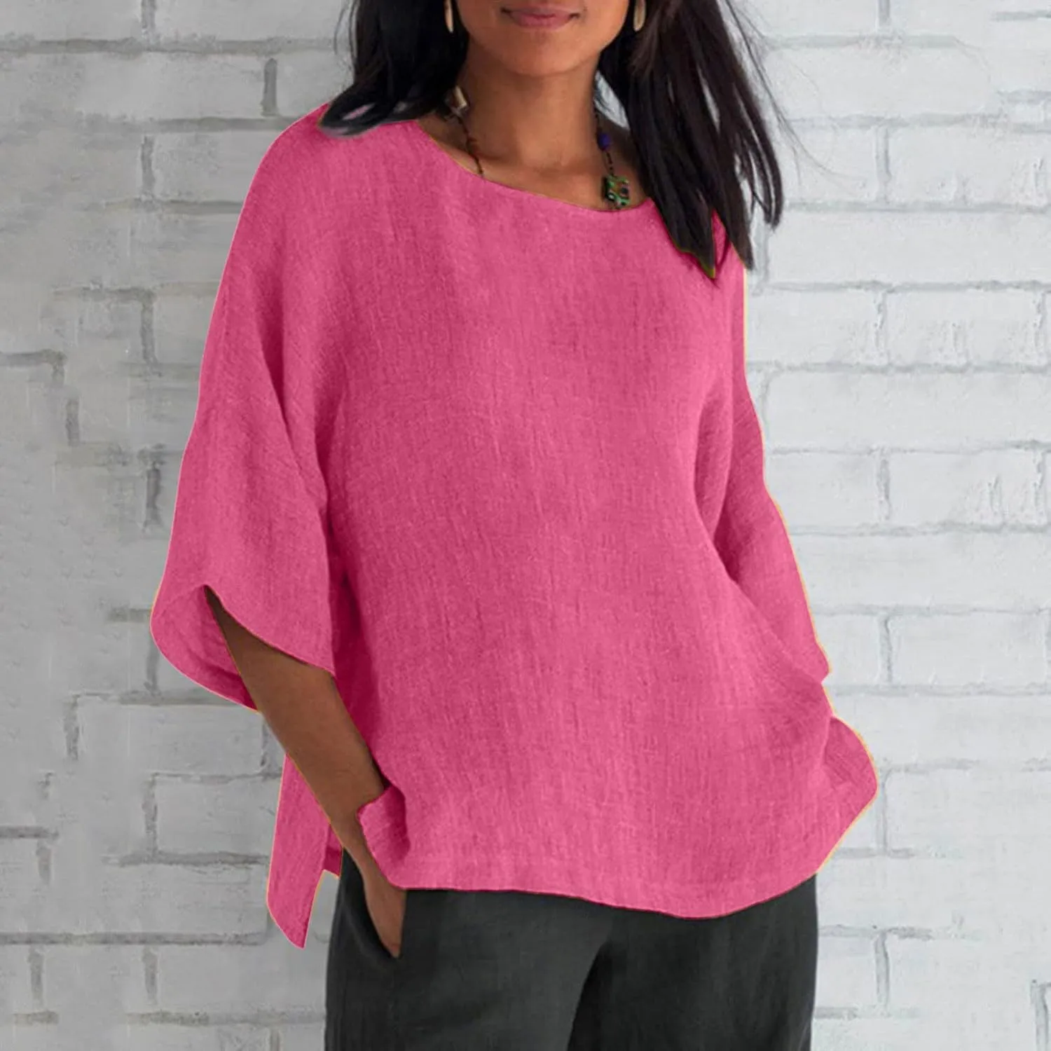 Linen Shirts for Women Solid Color Basic 3/4 Sleeve Tops Summer Casual Round Neck Pullover Blouse Ladies Tunic Tshirt