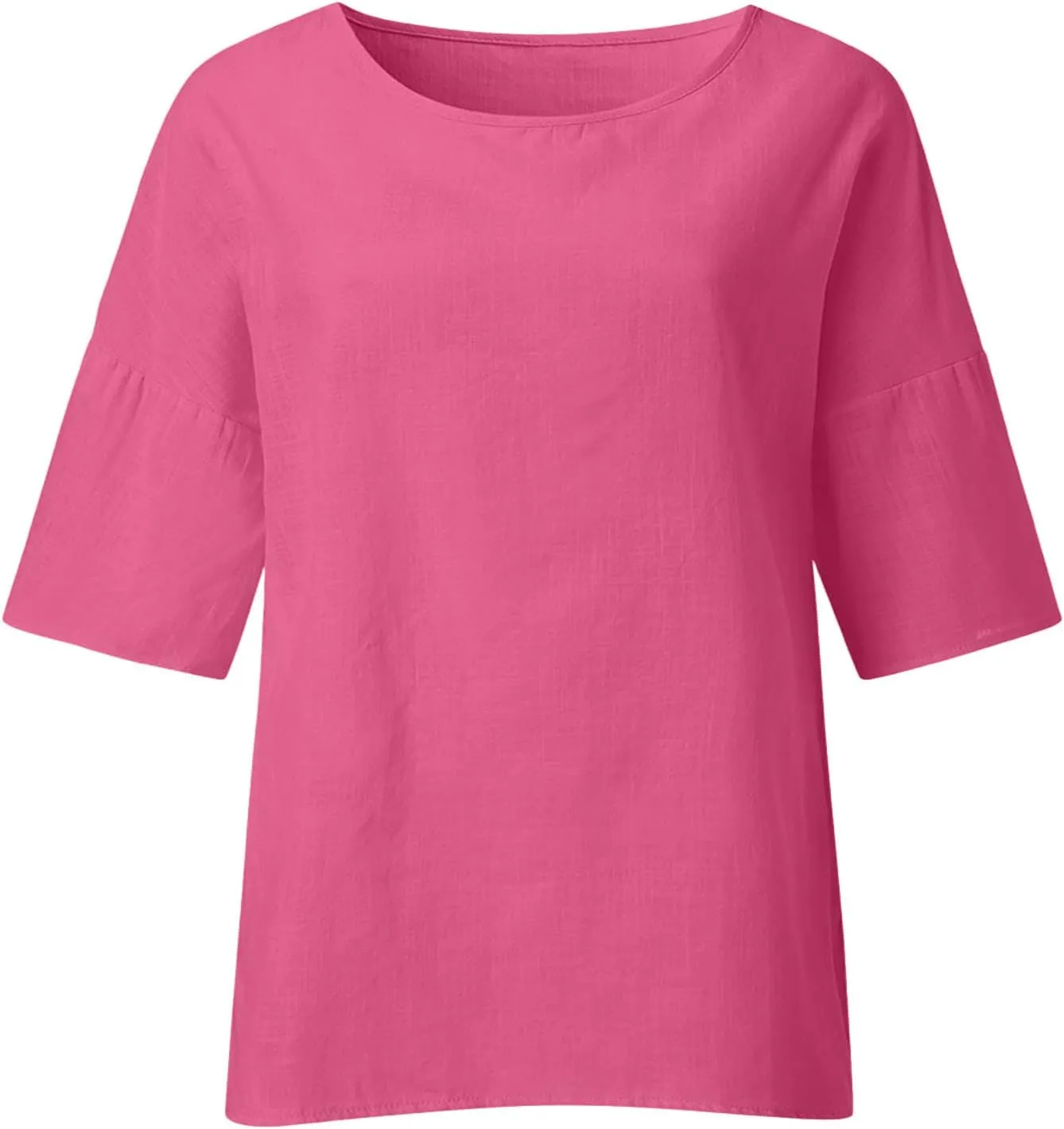 Linen Shirts for Women Solid Color Basic 3/4 Sleeve Tops Summer Casual Round Neck Pullover Blouse Ladies Tunic Tshirt