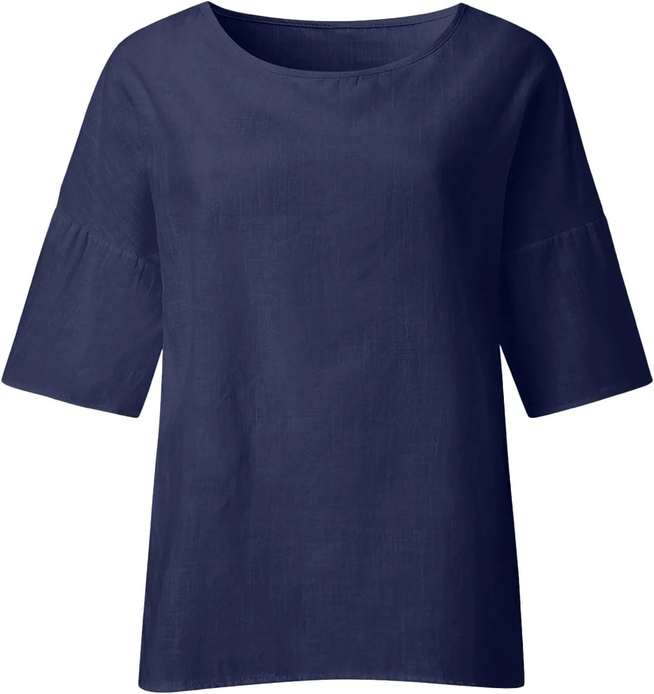 Linen Shirts for Women Solid Color Basic 3/4 Sleeve Tops Summer Casual Round Neck Pullover Blouse Ladies Tunic Tshirt