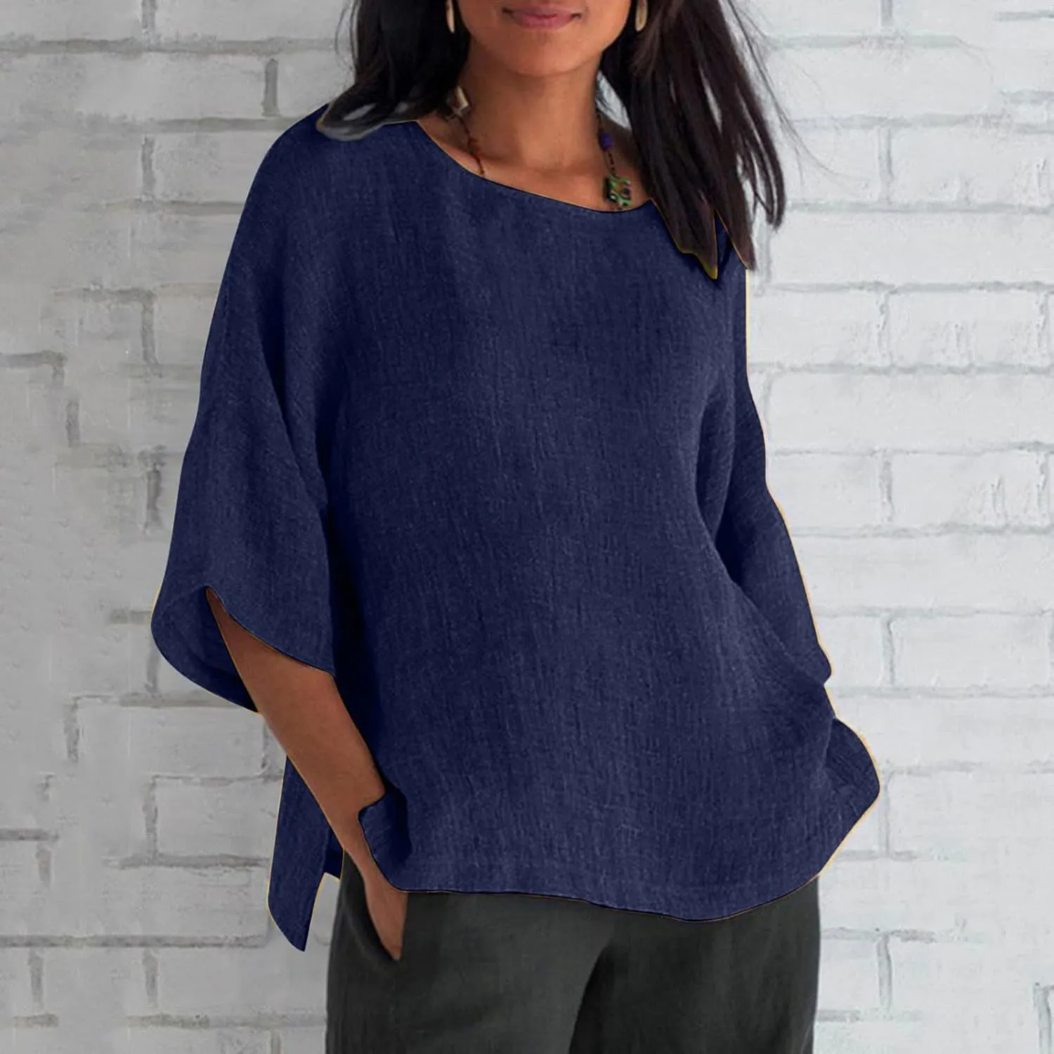 Linen Shirts for Women Solid Color Basic 3/4 Sleeve Tops Summer Casual Round Neck Pullover Blouse Ladies Tunic Tshirt