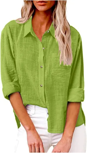 Linen Shirts for Women Trendy Solid Long Sleeve Collared Button Down Shirts Ladies Tops and Blouses Summer Clothes