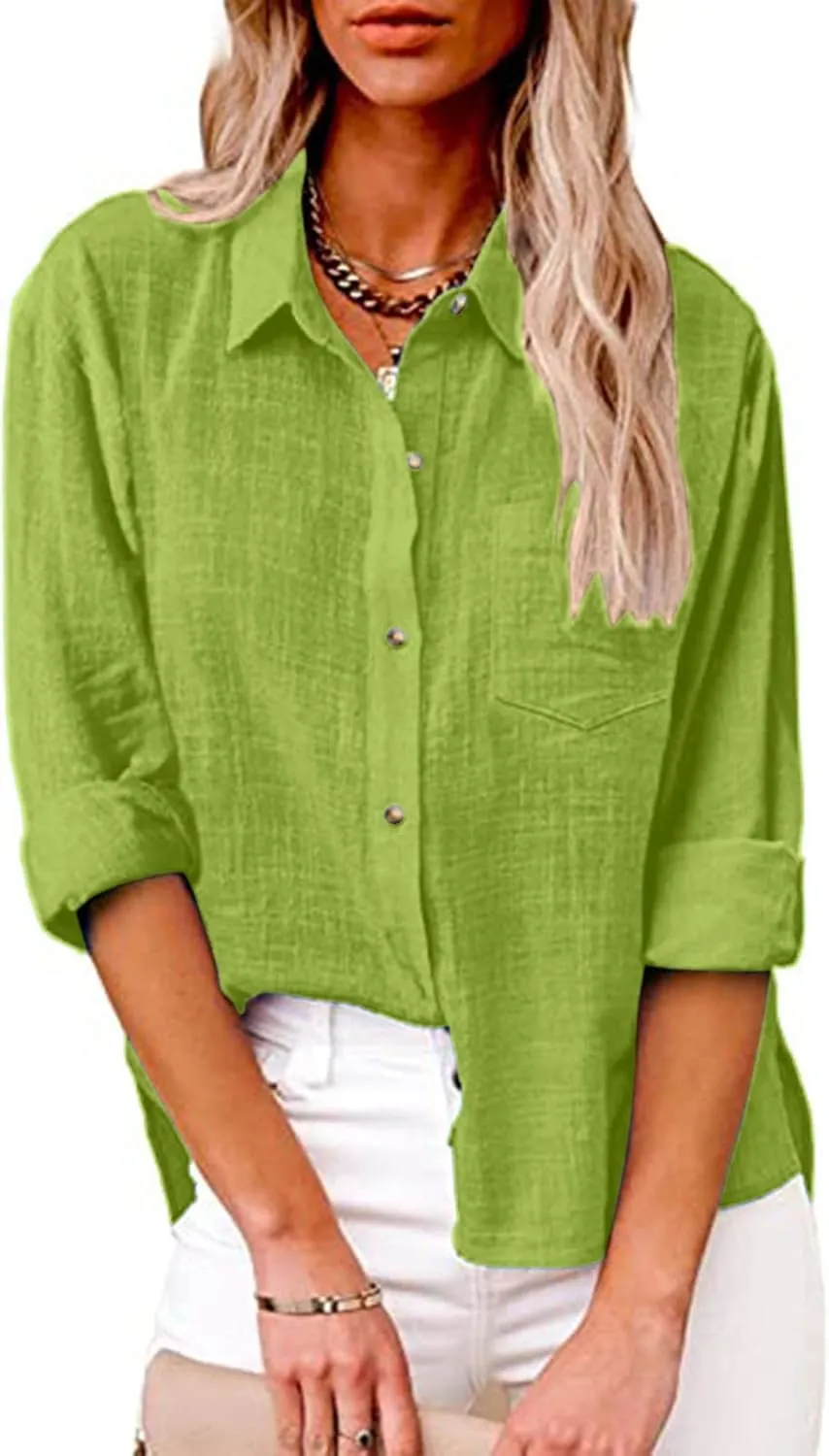 Linen Shirts for Women Trendy Solid Long Sleeve Collared Button Down Shirts Ladies Tops and Blouses Summer Clothes