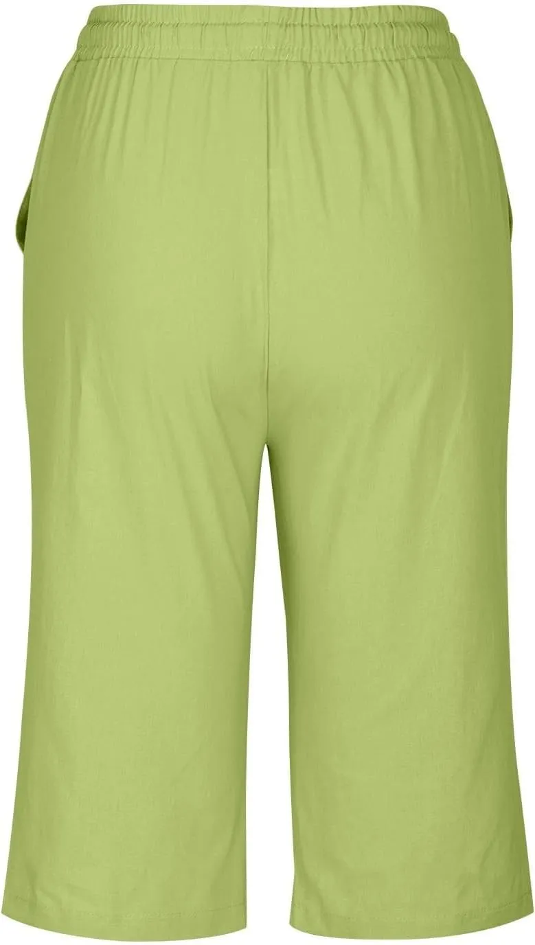 Linen Shorts for Women Knee Length Bermuda Shorts Drawstring Elastic Waist Summer Casual Gym Shorts with Pockets