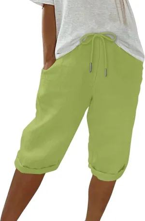 Linen Shorts for Women Knee Length Bermuda Shorts Drawstring Elastic Waist Summer Casual Gym Shorts with Pockets