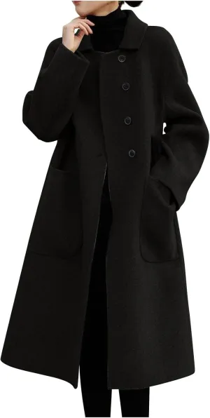 Long Trench Coats for Women Wool Blend Pea Coat with Pocket Elegant Winter Jacket Breasted Coats
