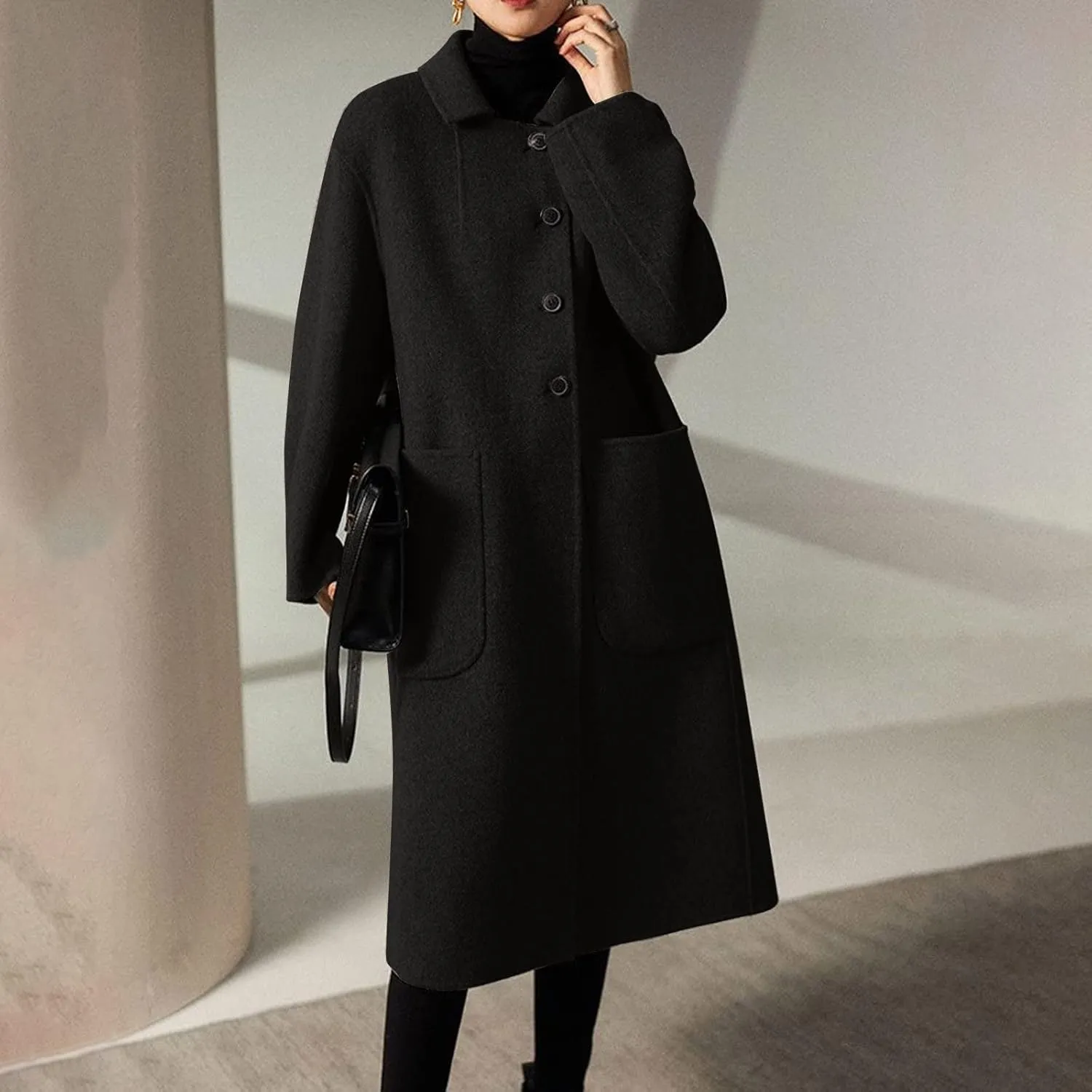 Long Trench Coats for Women Wool Blend Pea Coat with Pocket Elegant Winter Jacket Breasted Coats